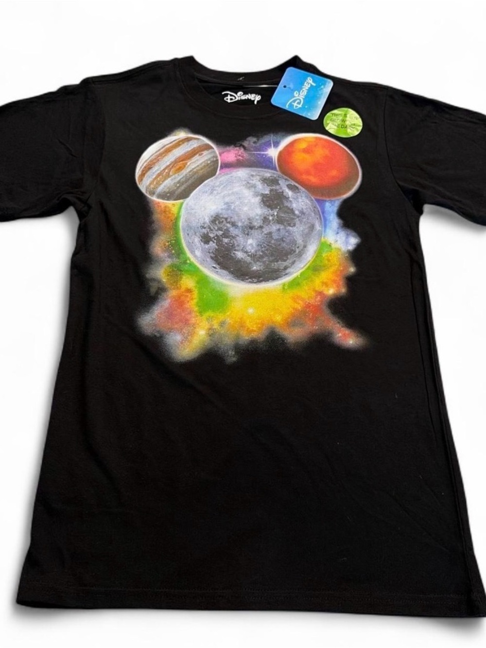 NWT Disney Black Teens Short Sleeve Tee with Colorful Planet Mickey Graphic XS
